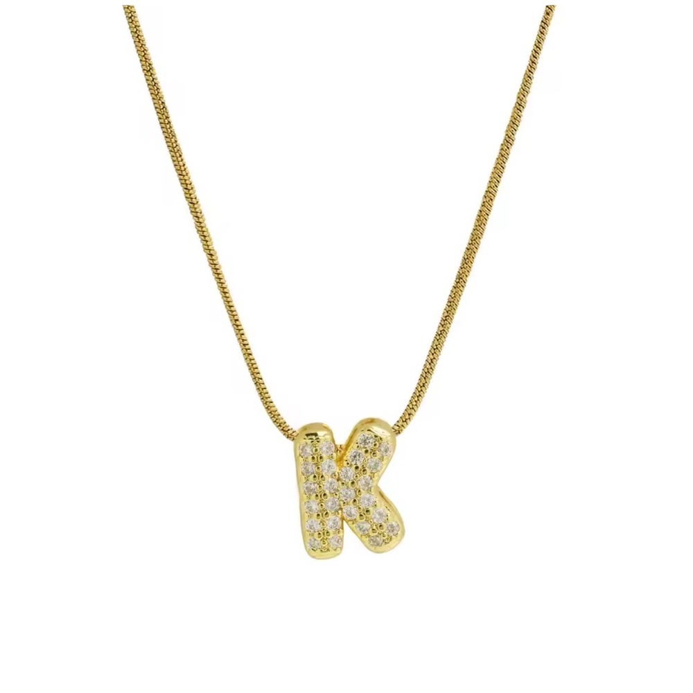 18k Gold Played Bubble K Initial Necklace Crystal Pavé Letter Pendant Snake